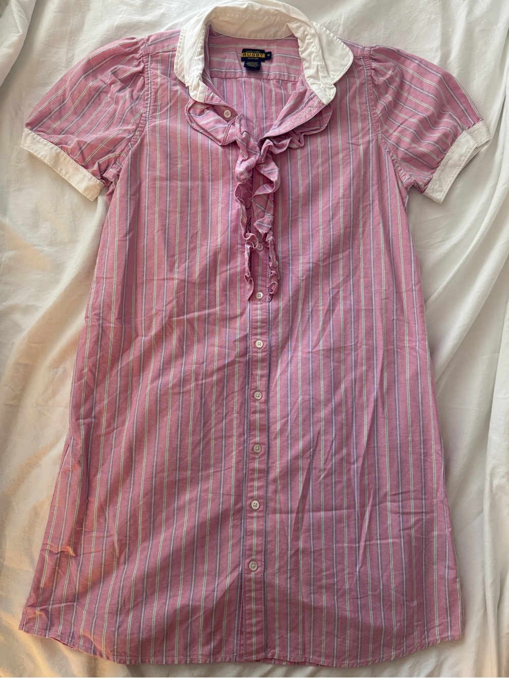 Ralph Lauren Rugby Pink and White Striped Ruffle-Front Dress